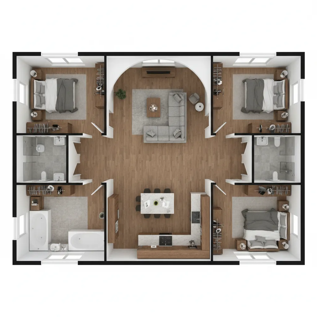 3D visualization of a modular single family home floor plan layout