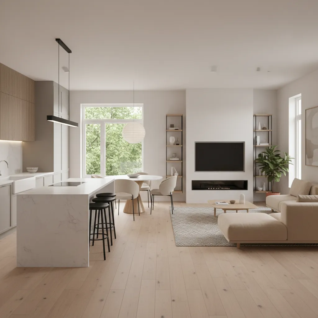 Interior perspective of compact single family house layout