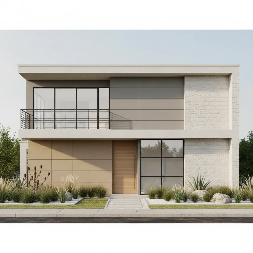 Single floor house facade with a modern projecting balcony