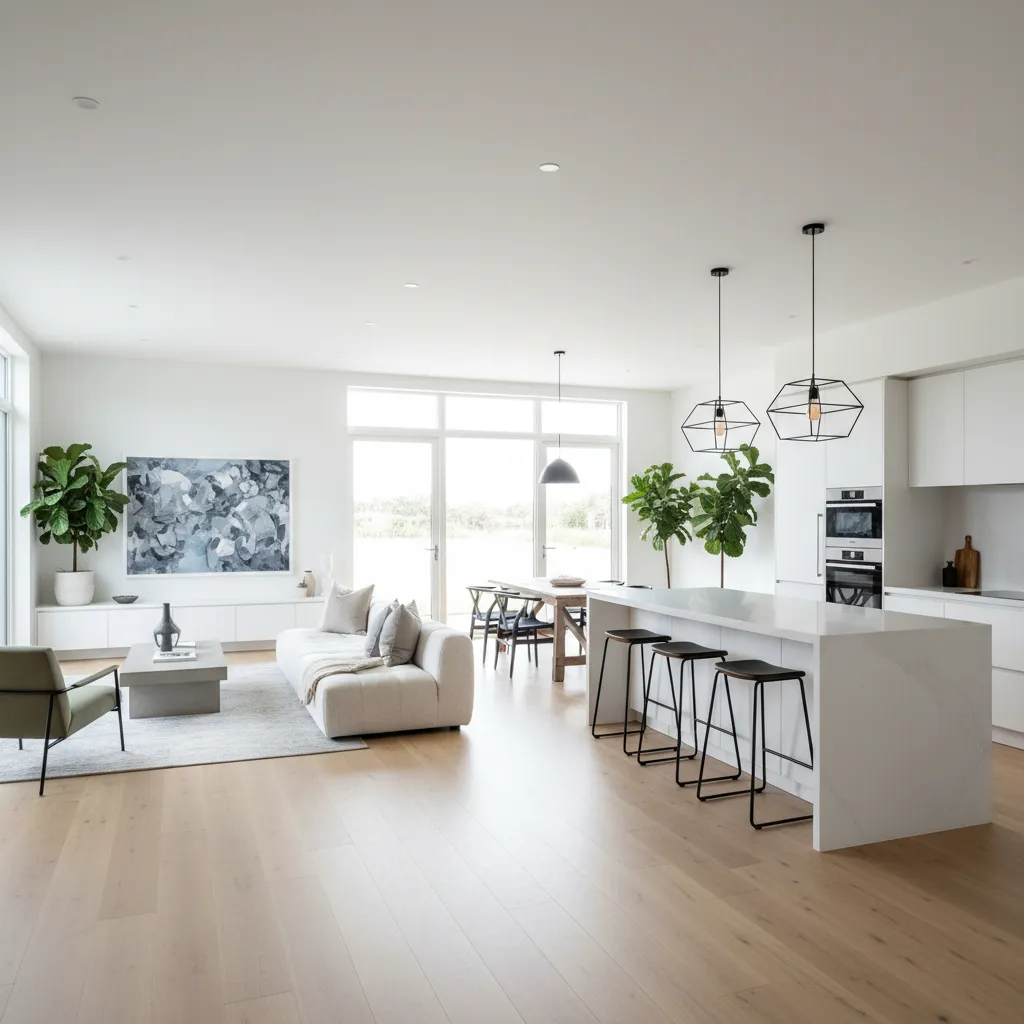 Plano abierto de una casa de un piso con salón y cocina conectados