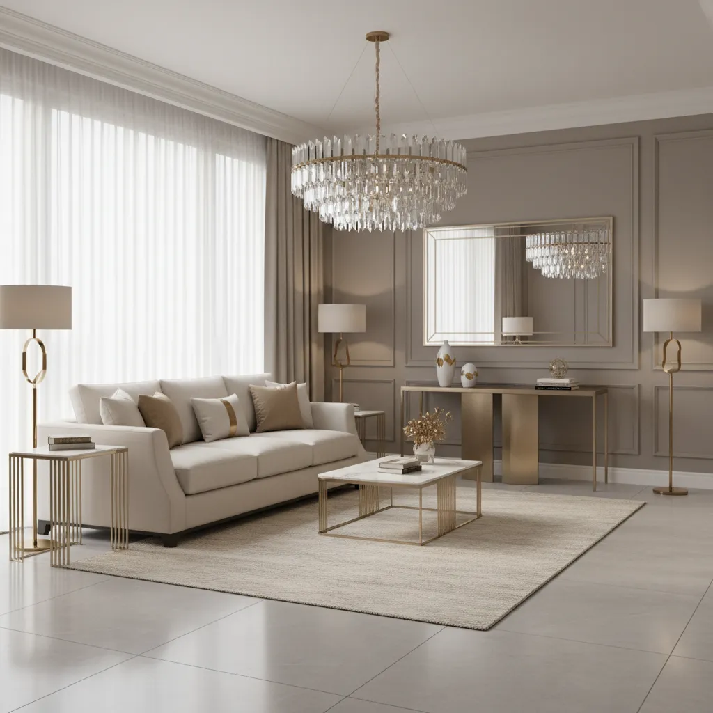 Living room with one crystal chandelier as glam focal point