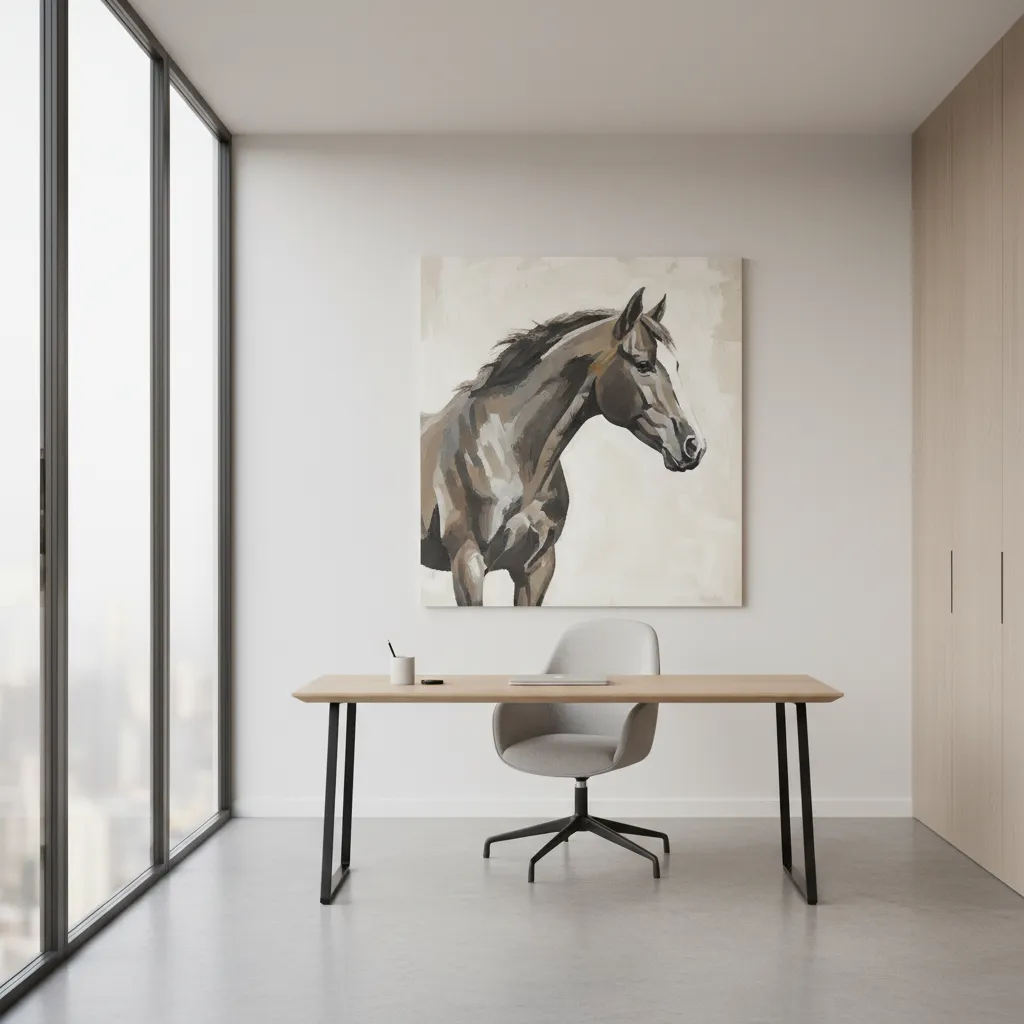 minimalist interior with single horse painting wall decor