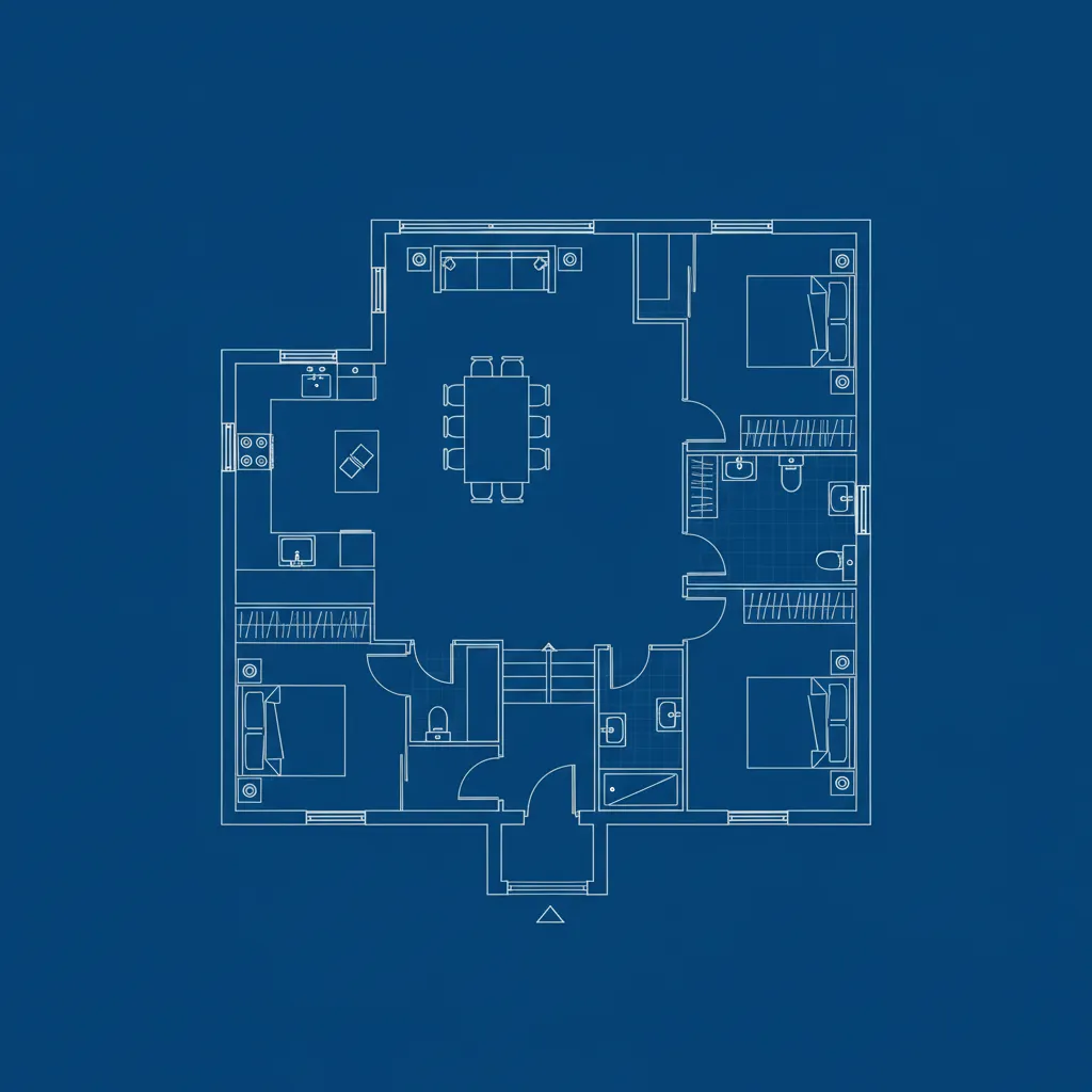 plano arquitectónico de una casa de un nivel con zonas diferenciadas