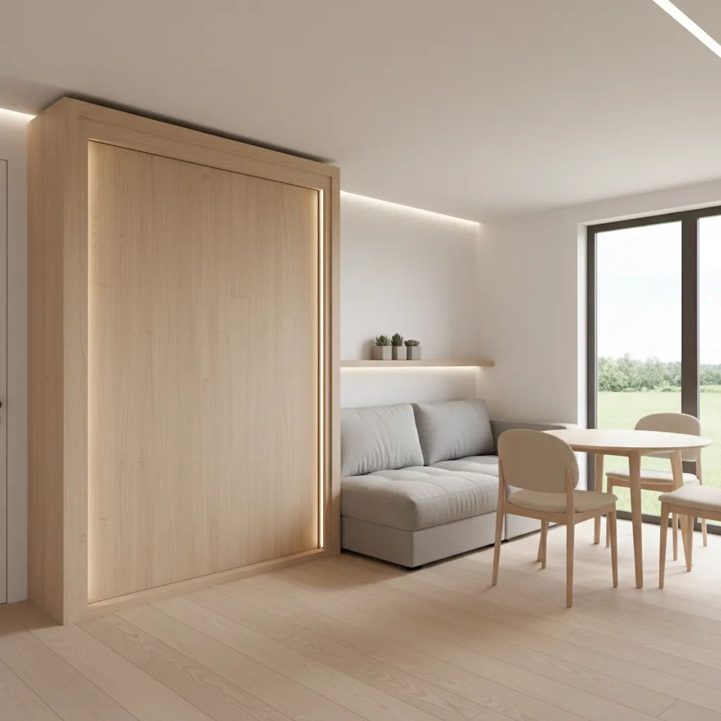 single level tiny house layout with murphy bed and living space