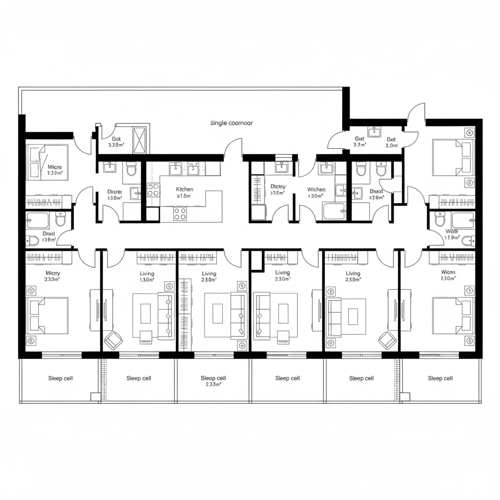 Top-down CAD plan of single-loaded corridor units facing an exterior facade