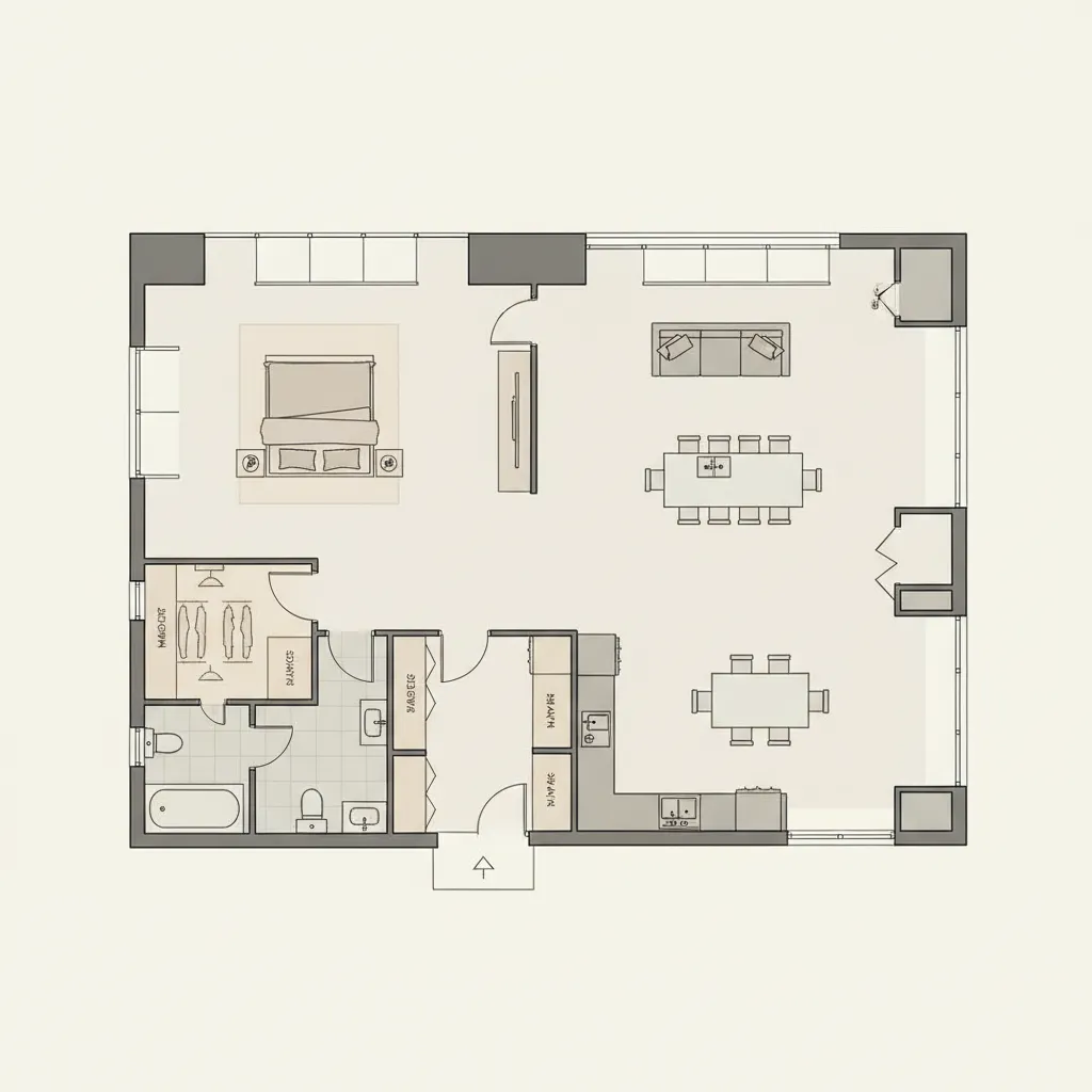 2000 sq ft home interior layout highlighting a single large master suite