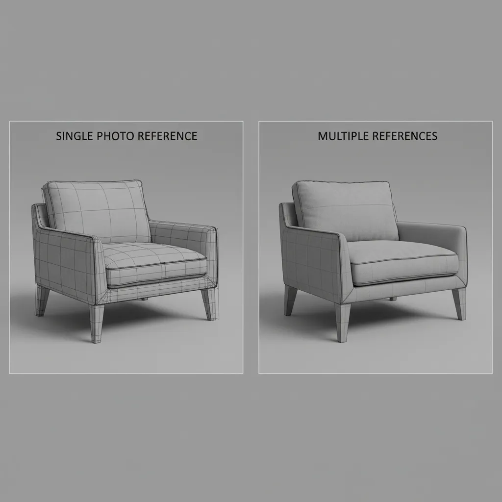 comparison showing modeling from single reference image versus multiple angles