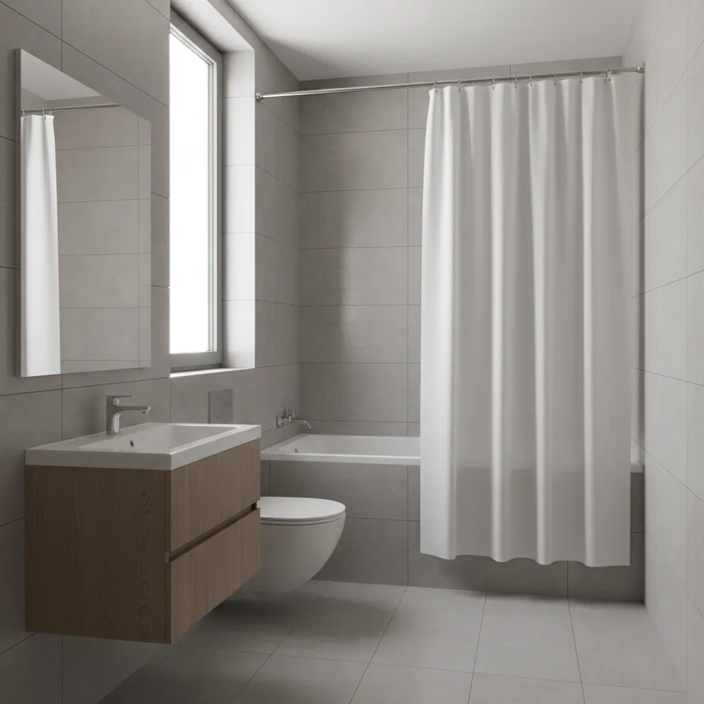Standard bathroom with single shower curtain on straight rod