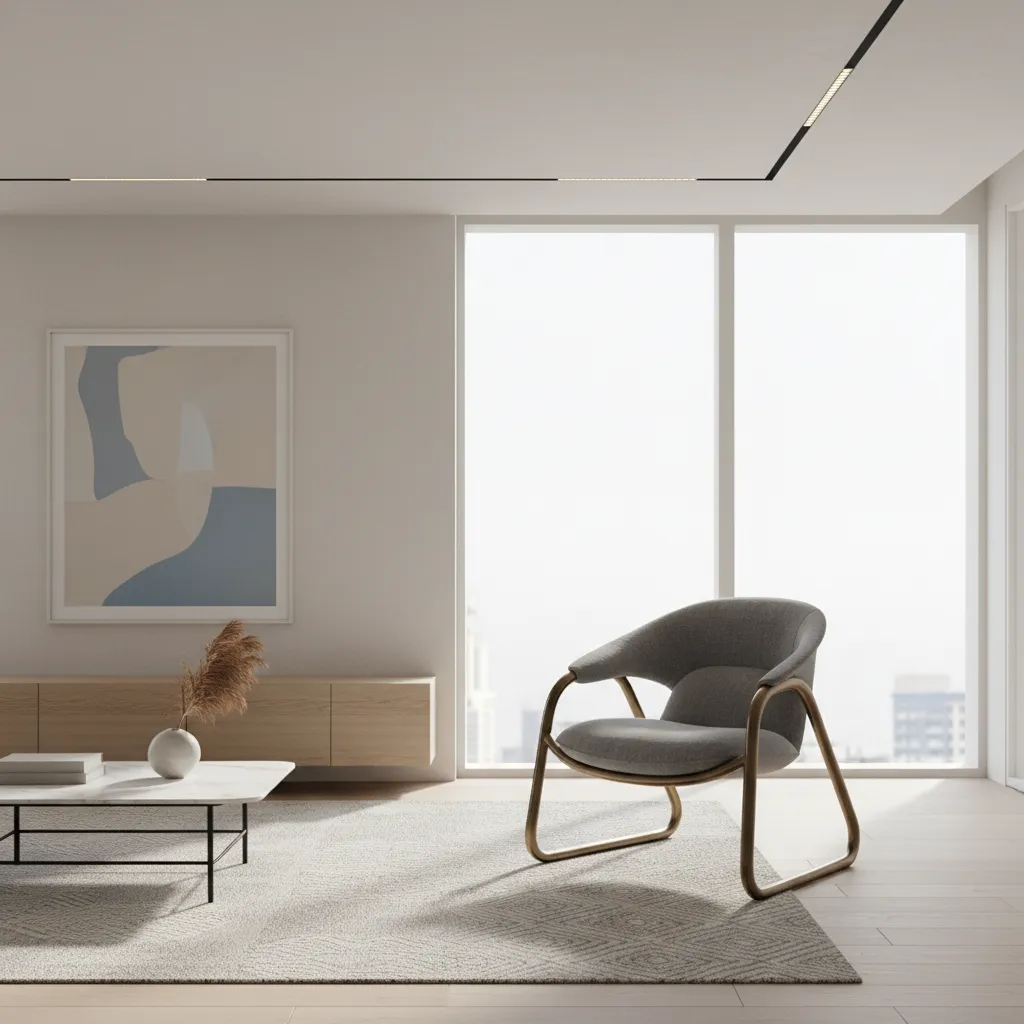 Modern single sofa 3D model placed in a contemporary living room interior render