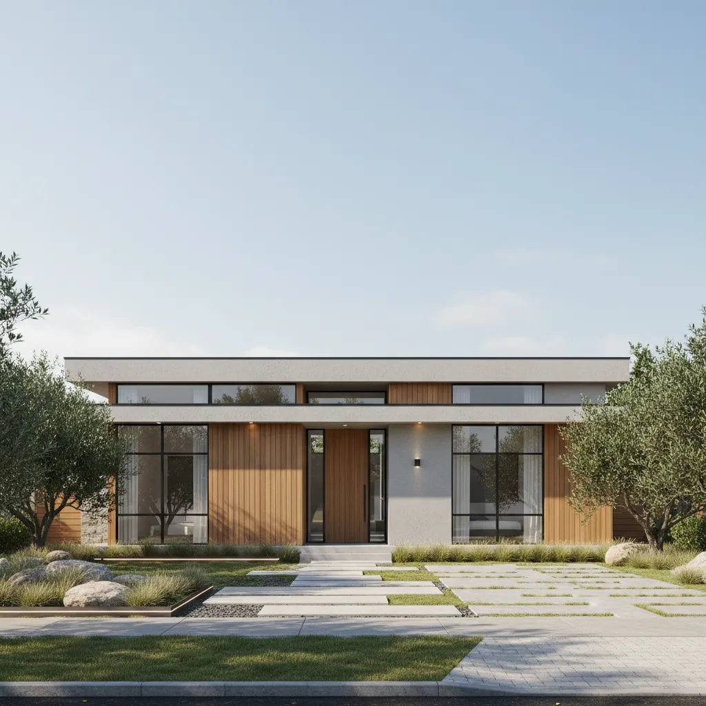 modern single story three bedroom house exterior with simple contemporary architecture