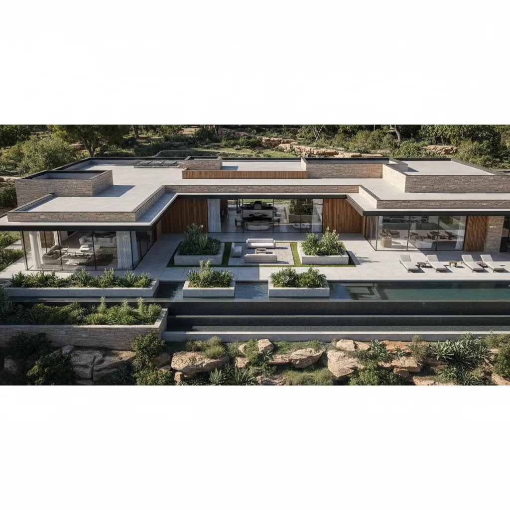 large luxury single story house layout with wide footprint and courtyard design
