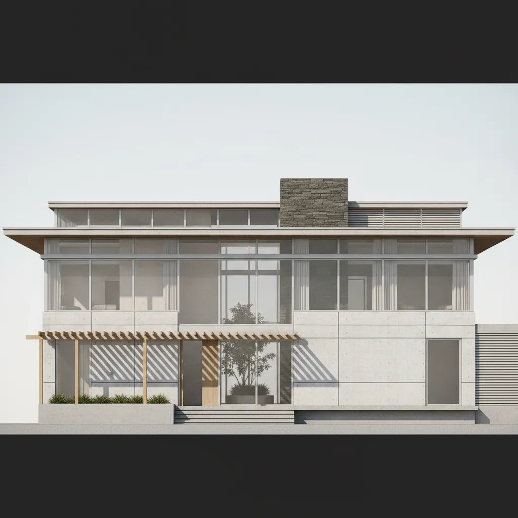 Modern two story house exterior with concrete walls large windows wooden pergola and stone chimney detail