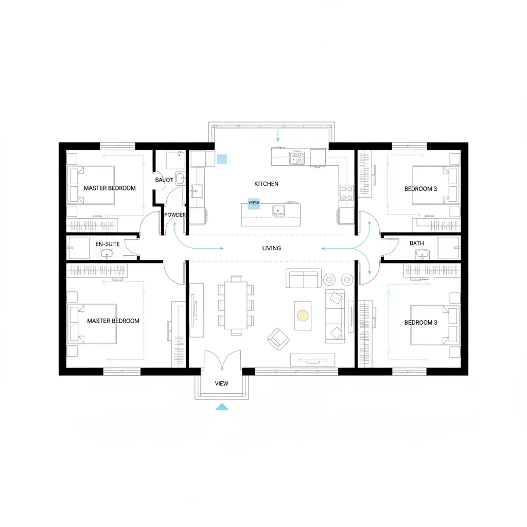 Architectural floor plan showing circulation paths in a one story house layout