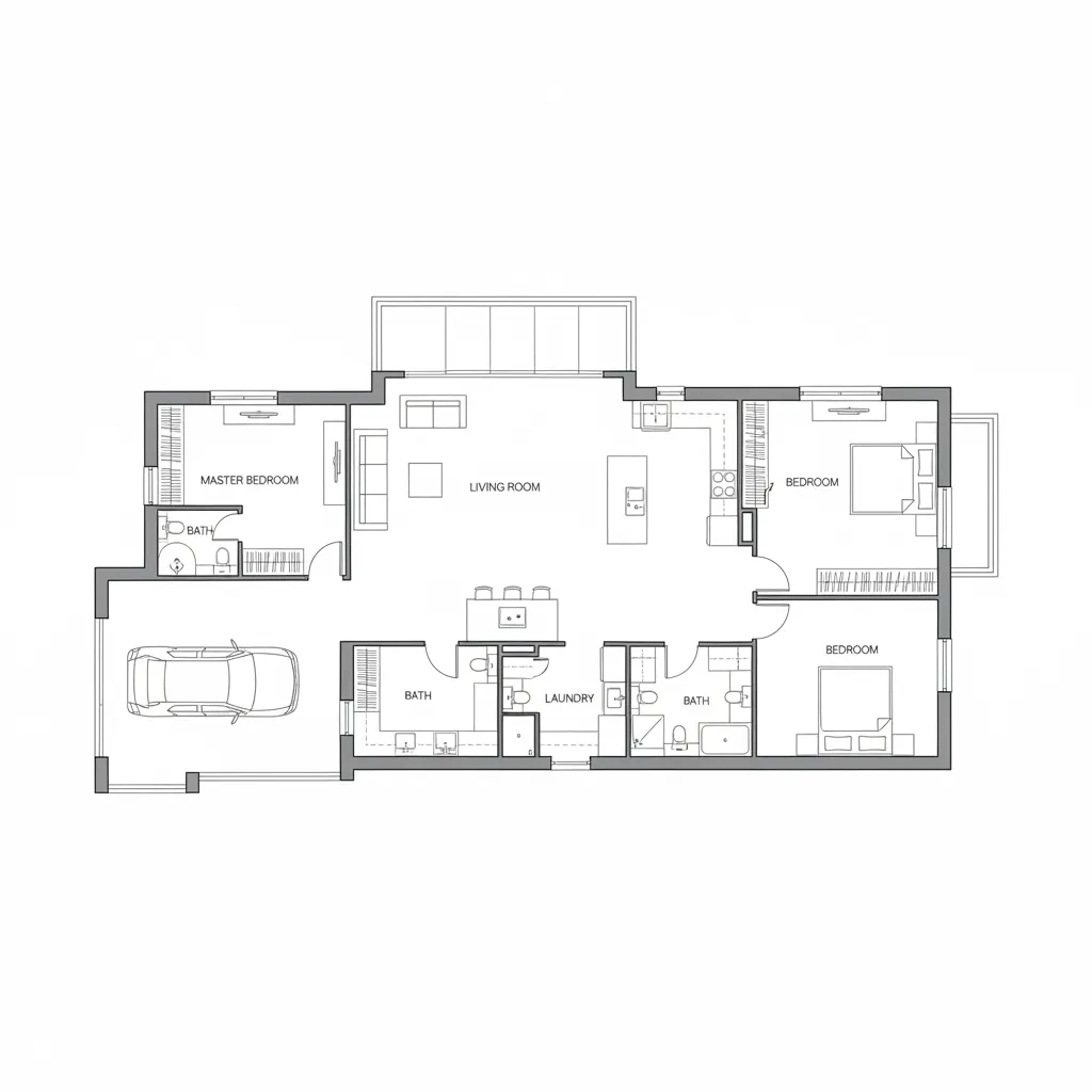 Plano arquitectónico moderno de casa de una sola planta