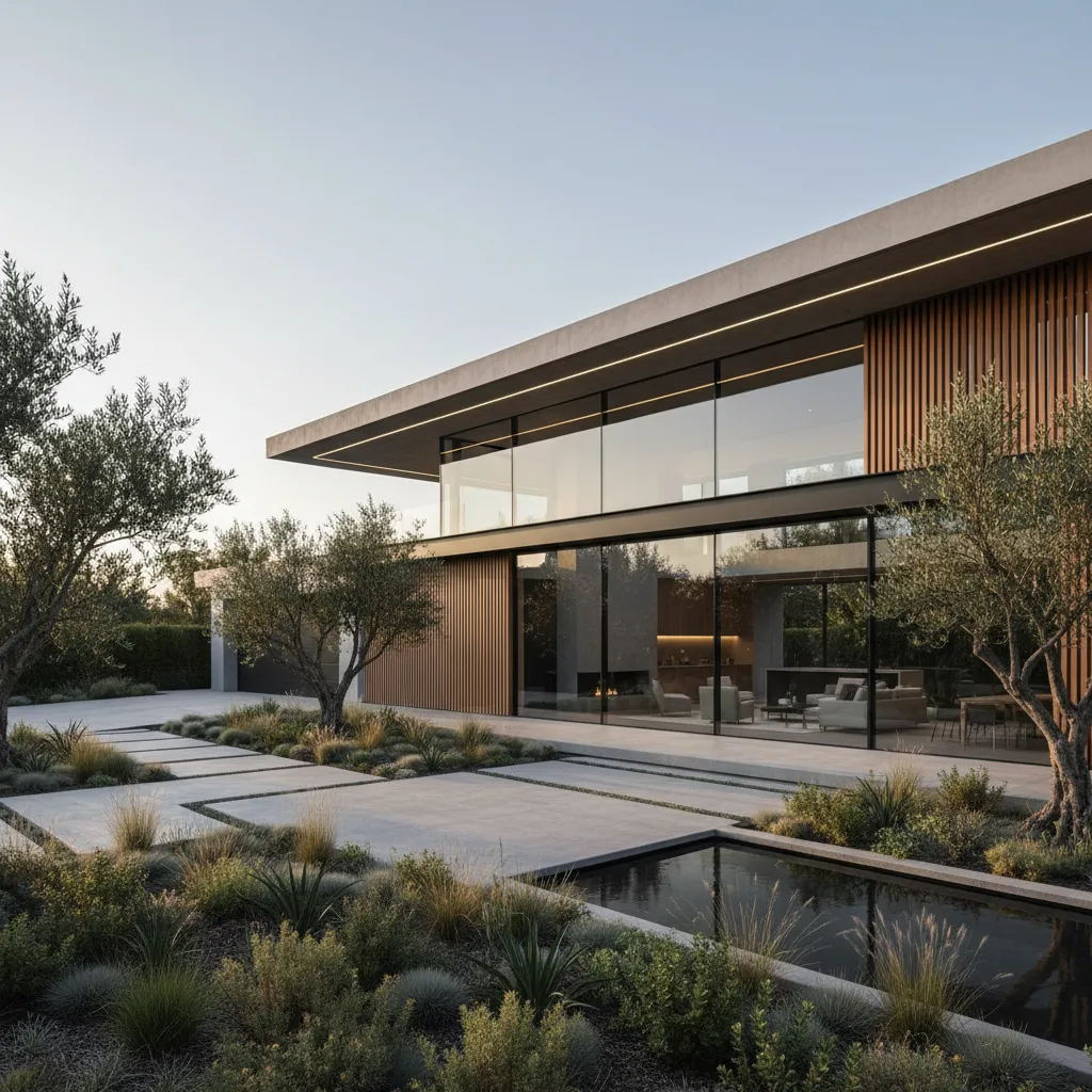 Exterior de una casa moderna de una planta con fachada de cristal