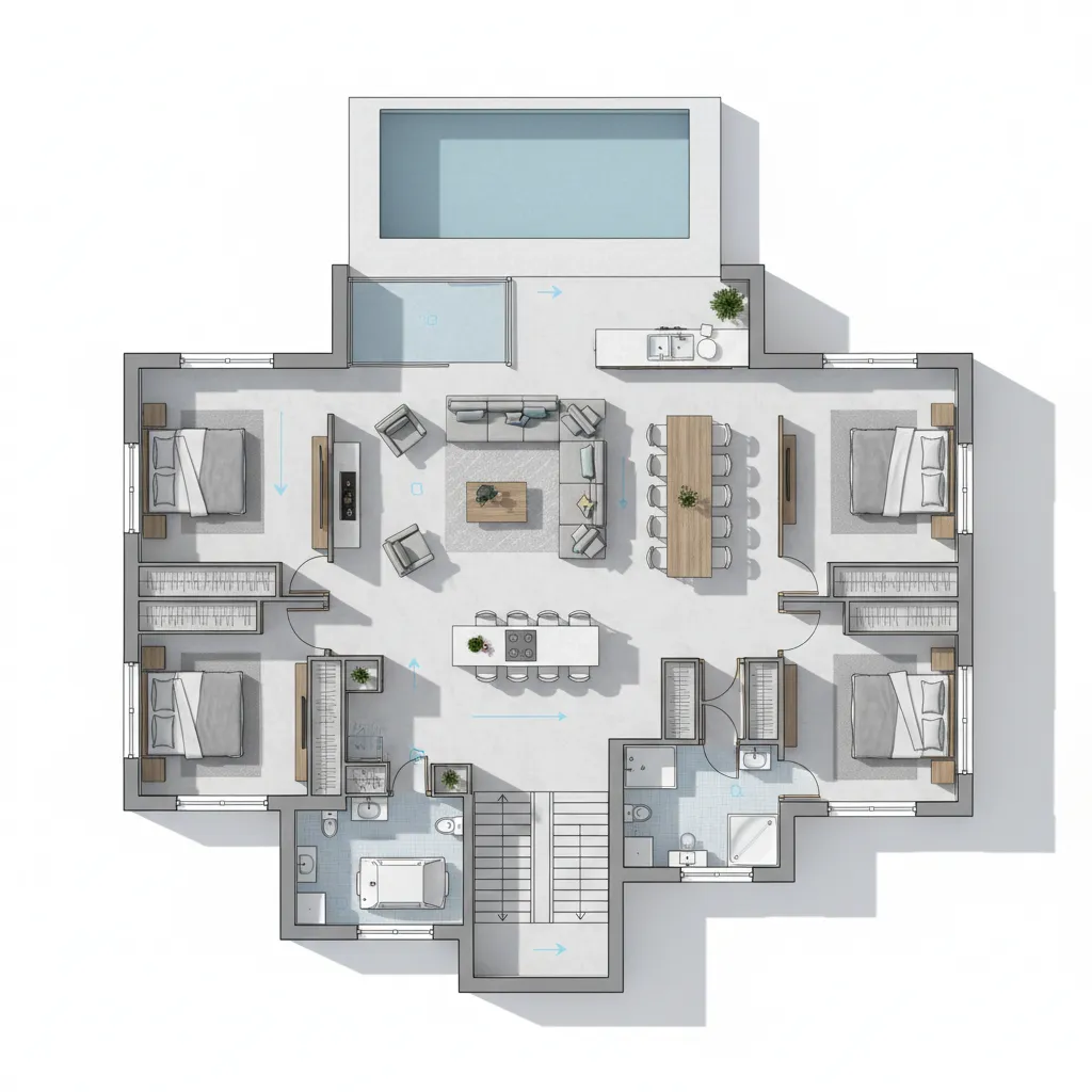 One story home floor plan showing improved circulation flow between rooms