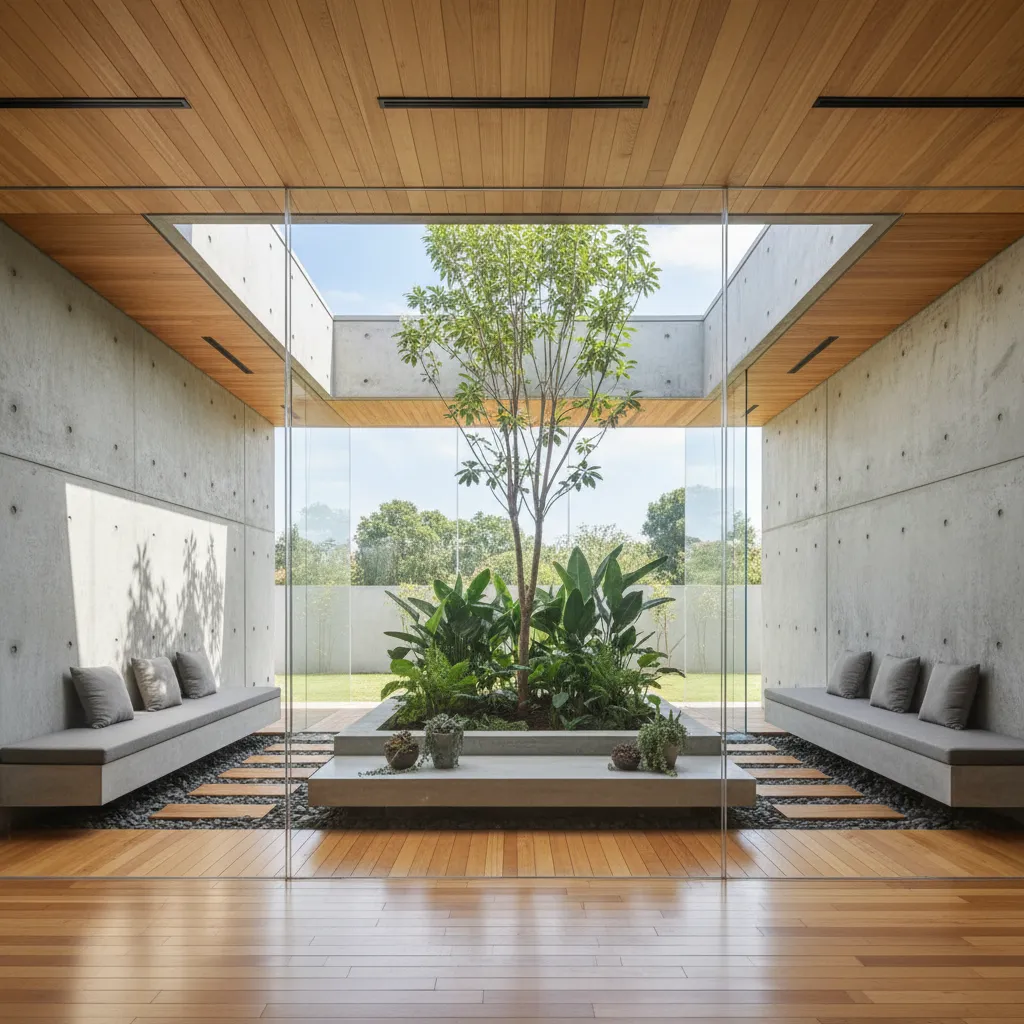 Casa de una planta con patio interior y ventanales