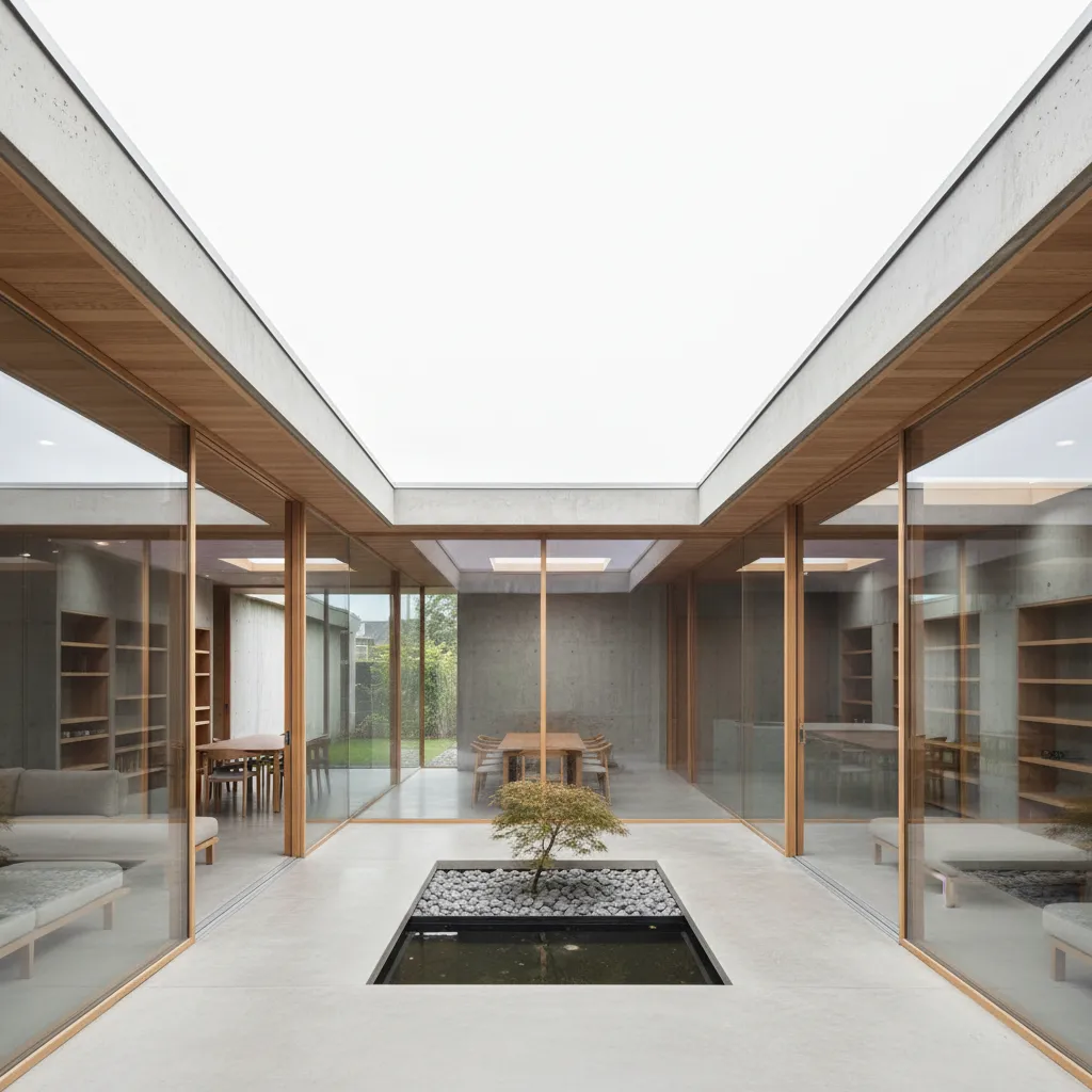 Casa moderna de una planta con patio interior y ventanales