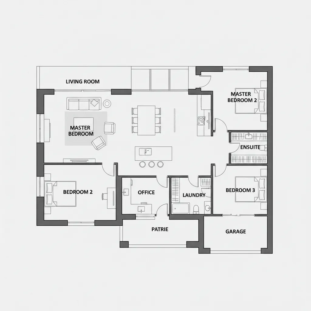 Plano arquitectónico de casa moderna de una sola planta