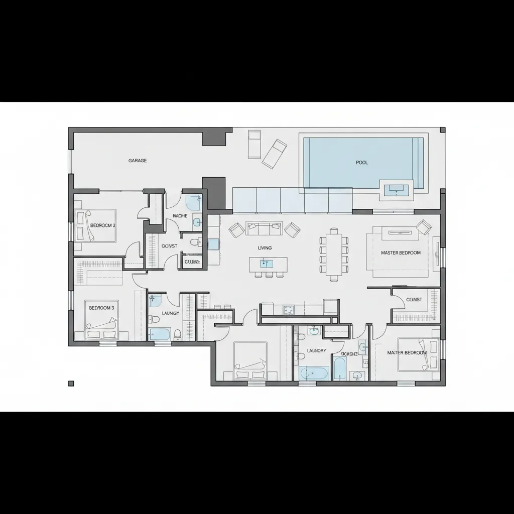 Plano arquitectónico de una casa moderna de una sola planta