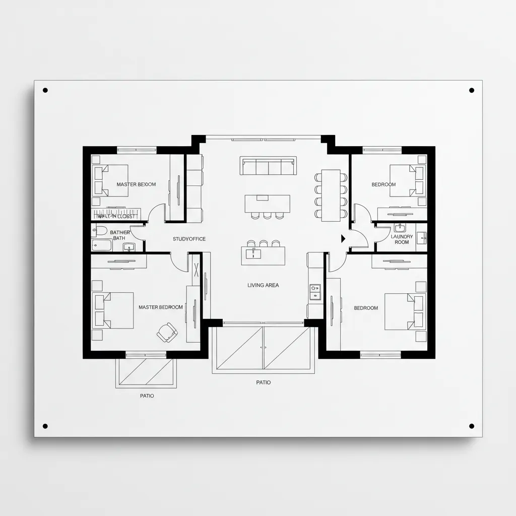 Plano arquitectónico de una casa minimalista de una planta