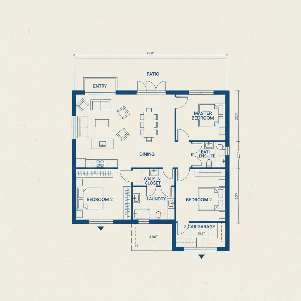 Plano arquitectónico de una casa moderna de una planta