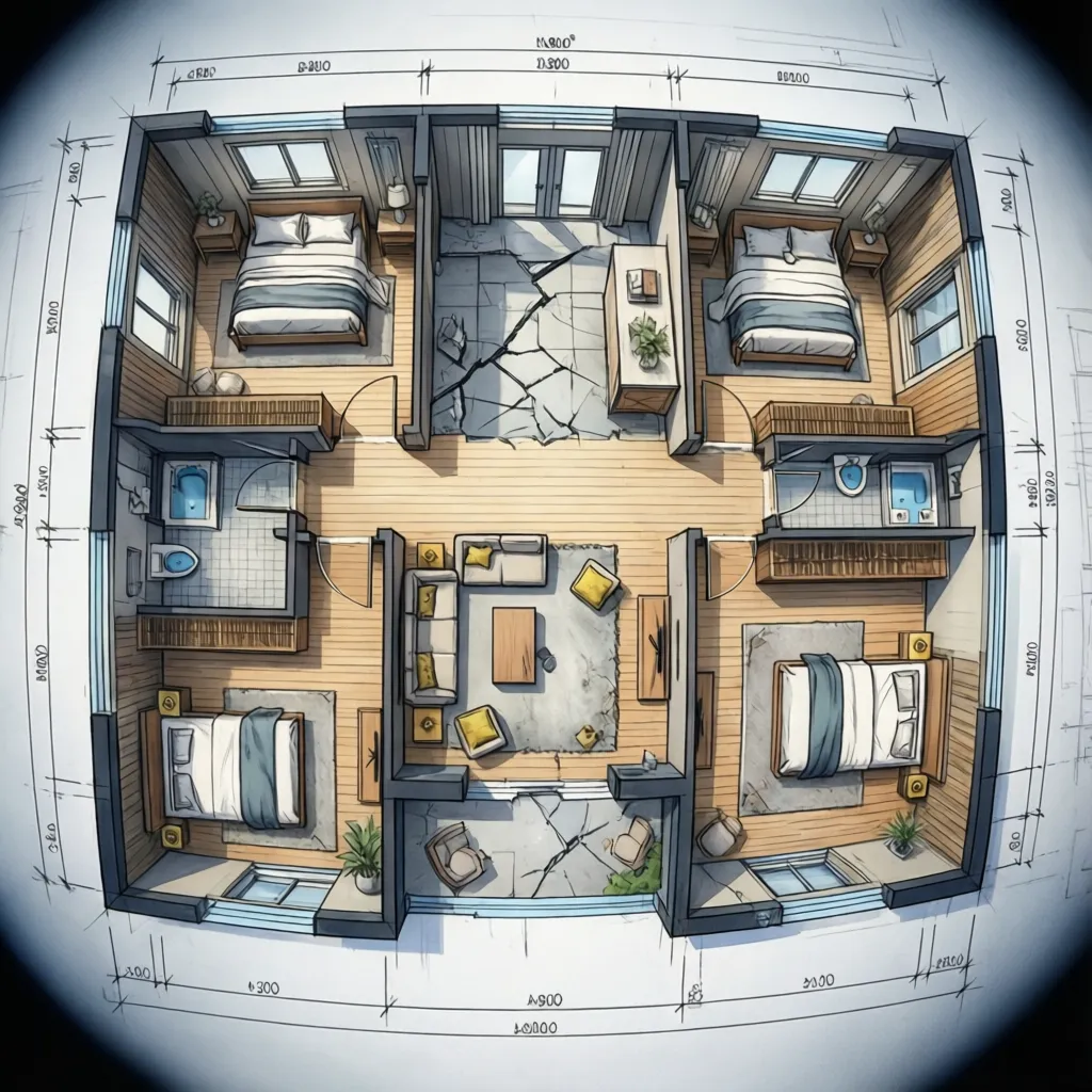 Plano arquitectónico de casa de una planta con cuatro habitaciones