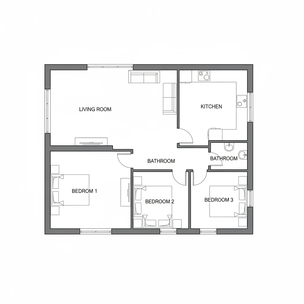 Sơ đồ mặt bằng nhà cấp 4 với phòng khách bếp và 3 phòng ngủ