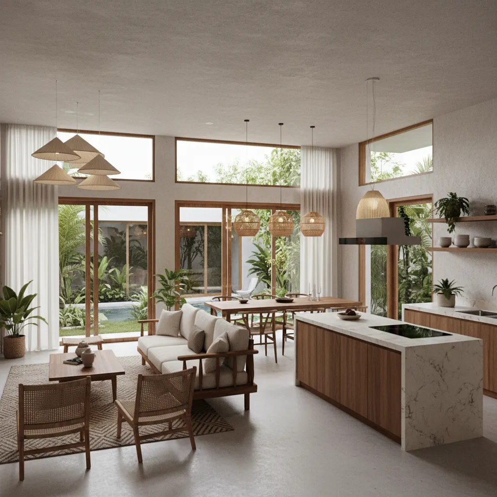 3D interior visualization of living room and dining area in a single story house