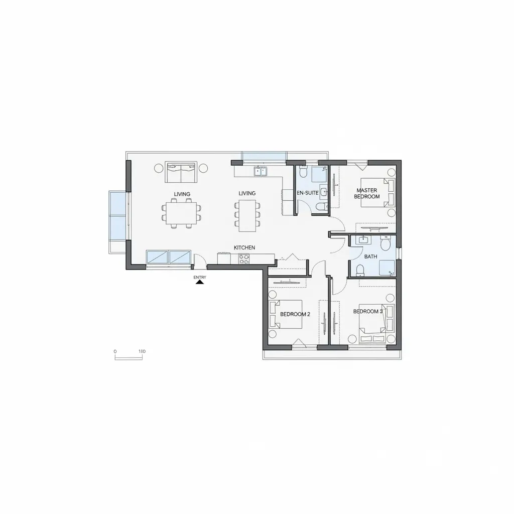 L shaped floor plan design showing three bedrooms two bathrooms living room and open kitchen