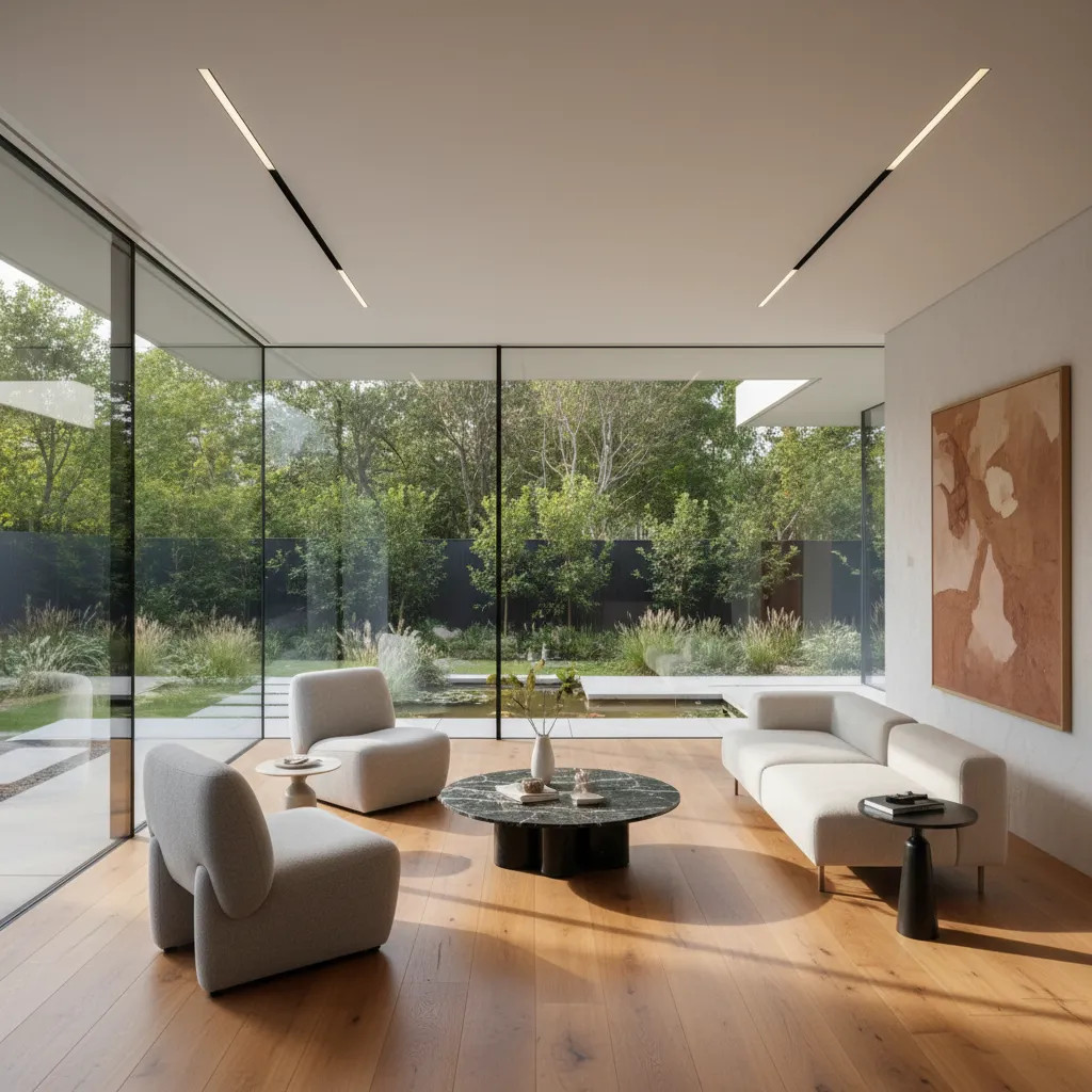 Interior de casa moderna de una planta con salón abierto hacia el jardín