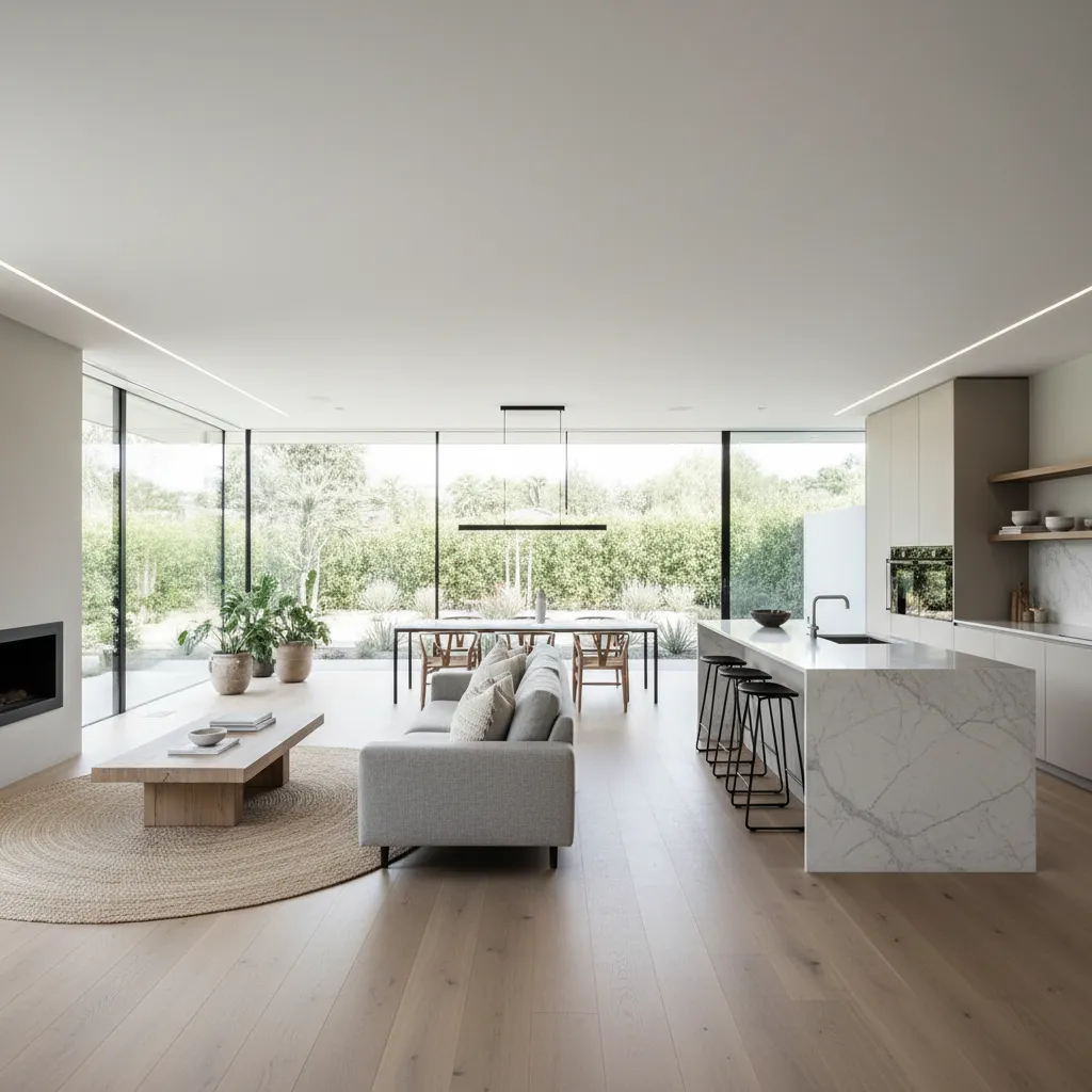 Interior de casa de una planta con salón, comedor y cocina abiertos