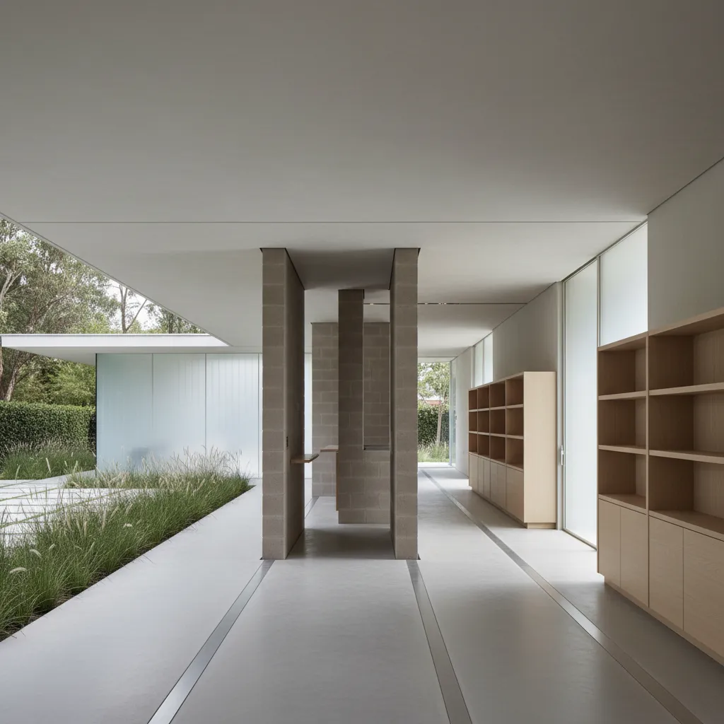Modern house interior featuring grey stone pillars wooden cabinets large glass windows and green plants