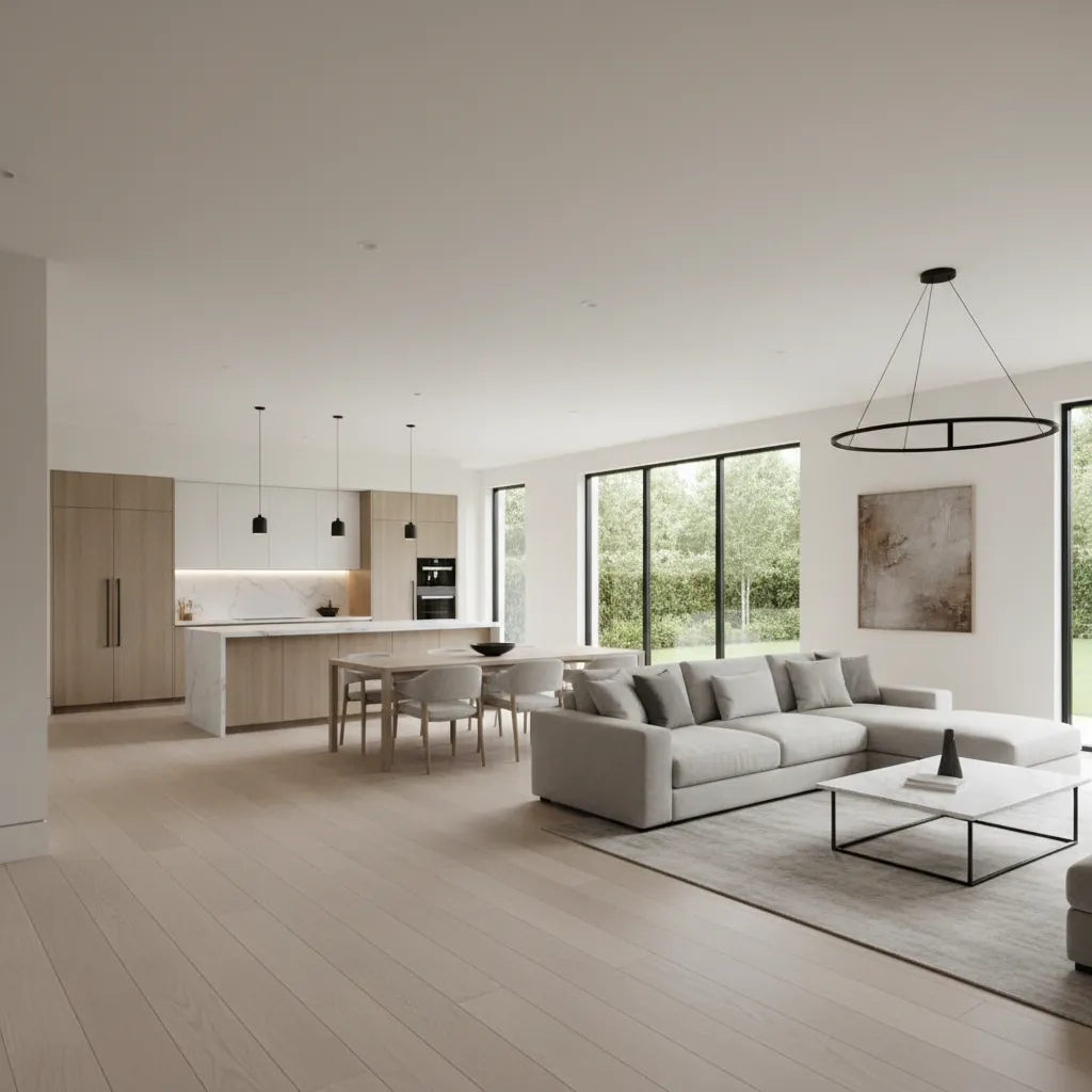 Interior de casa moderna de una planta con salón y cocina abierta