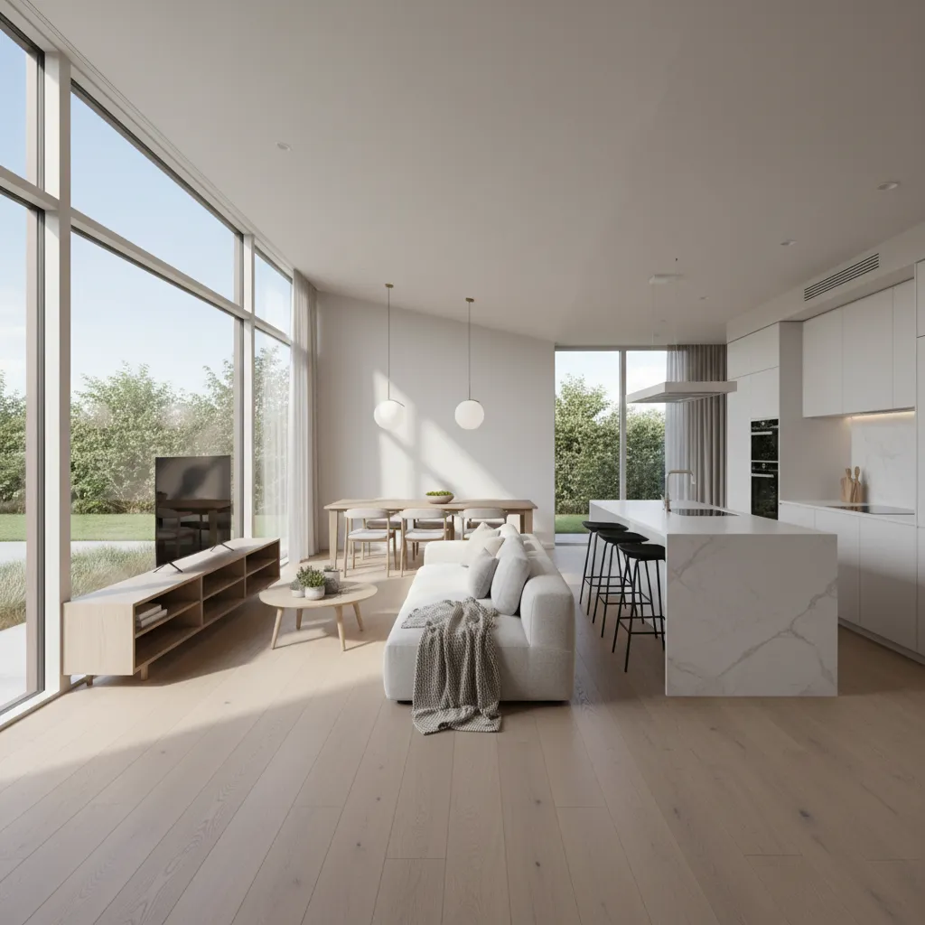 Interior de casa moderna de una planta con salón y cocina abiertos