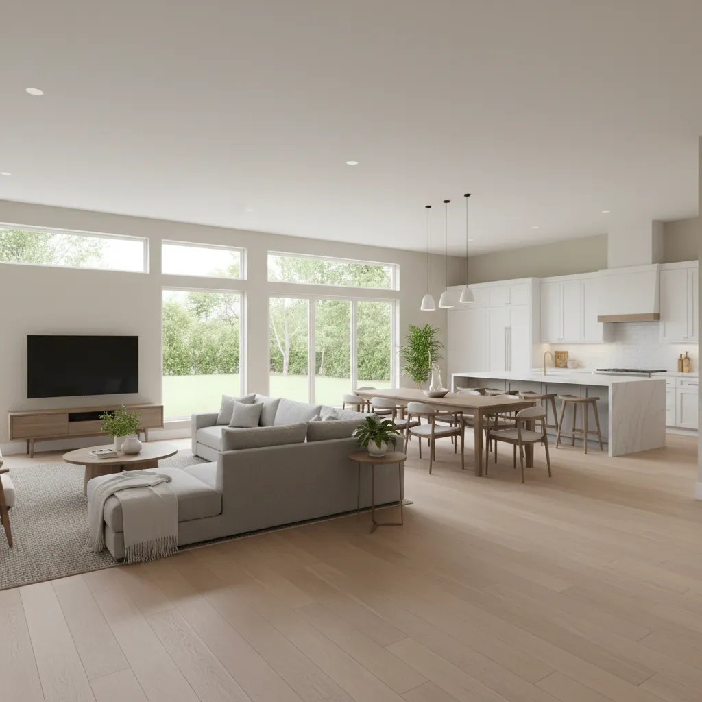 open living room kitchen layout in single story 1800 sq ft home
