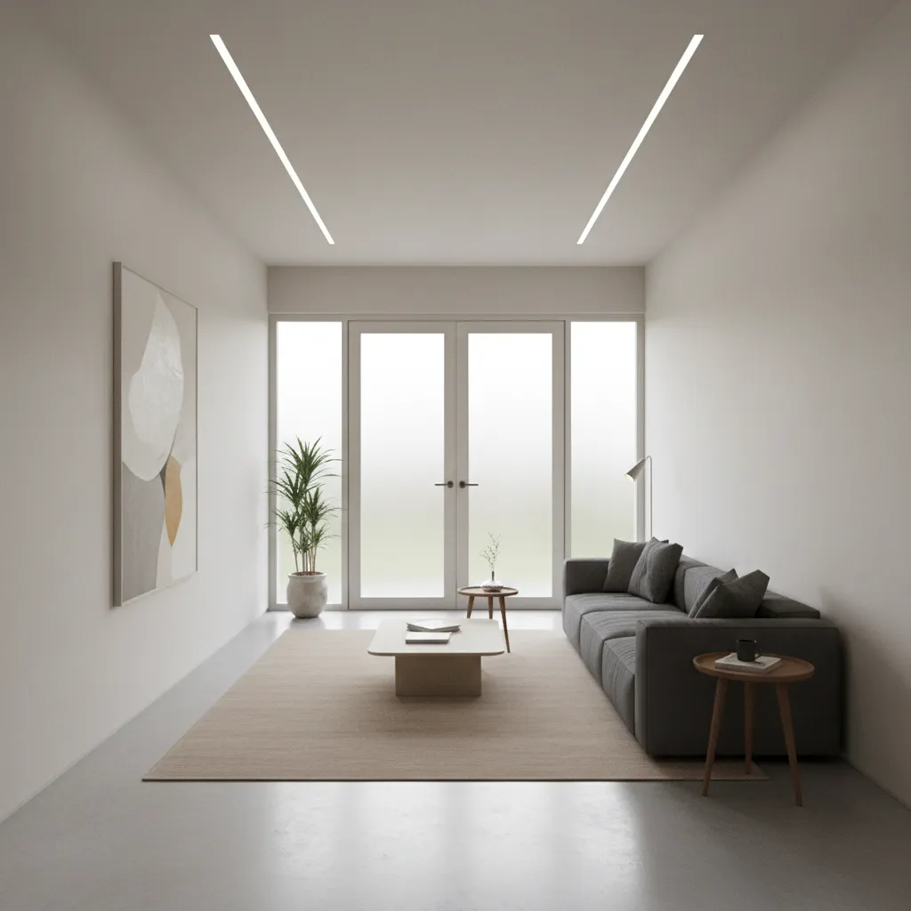 Minimalist living room with grey sofa white walls glass doors tan rug and wooden table