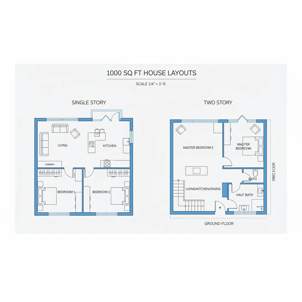 comparison diagram of single story and two story 1000 sq ft house floor plans