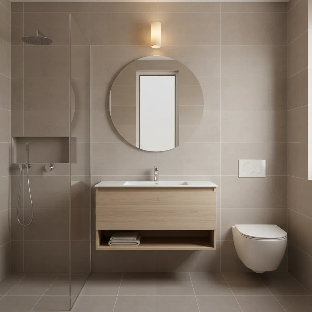 Small bathroom vanity with single centered vanity light above mirror