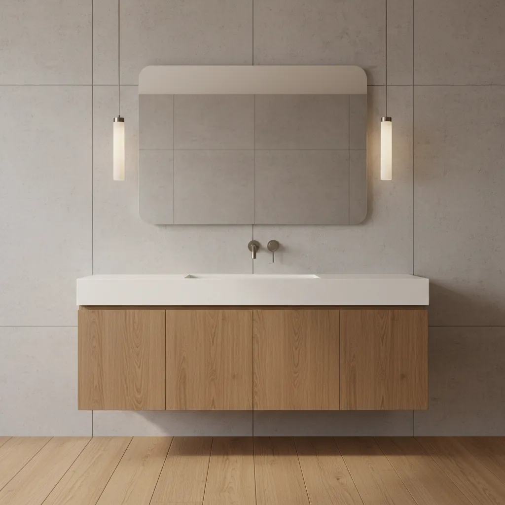 Bathroom vanity with pendant lights placed beside mirror at proper height