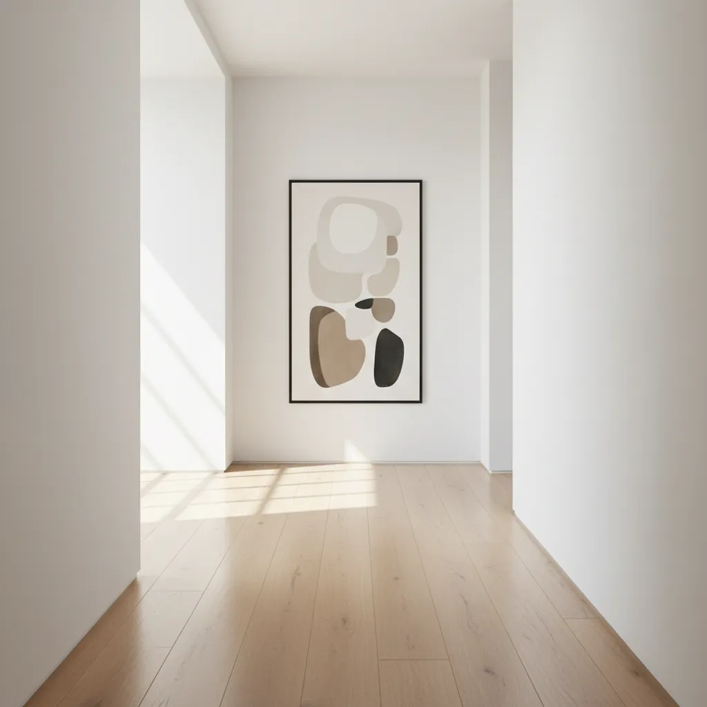 Minimalist white hallway featuring a large vertical abstract art piece on the wall with sunlight