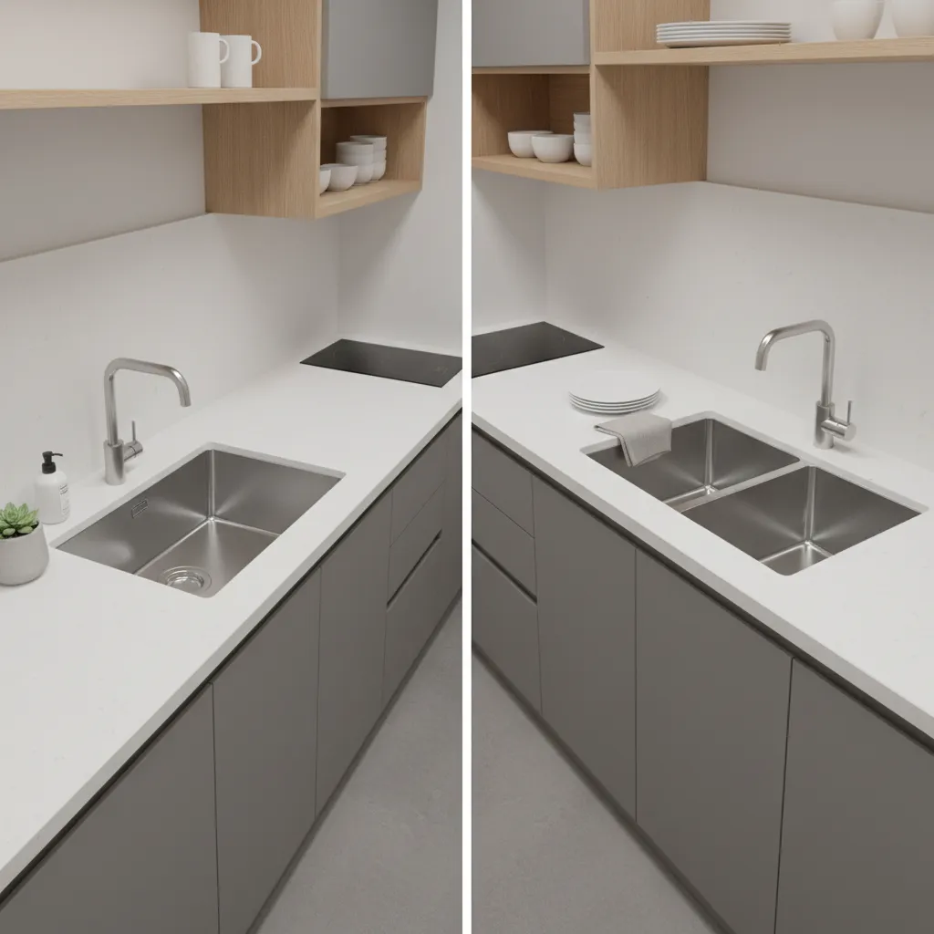 Comparison of single bowl and double bowl stainless steel sinks in compact kitchen counters
