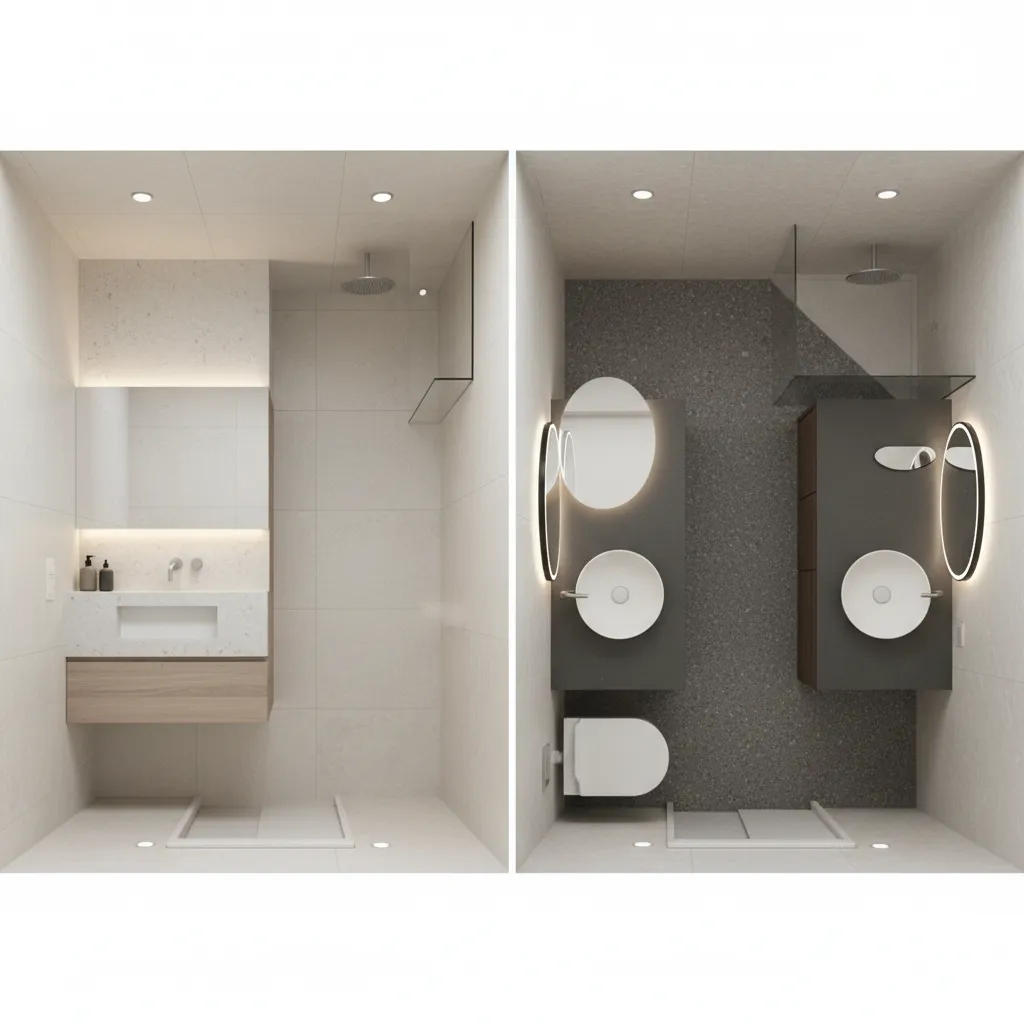 comparison of single large vanity versus double vanity in compact bathroom