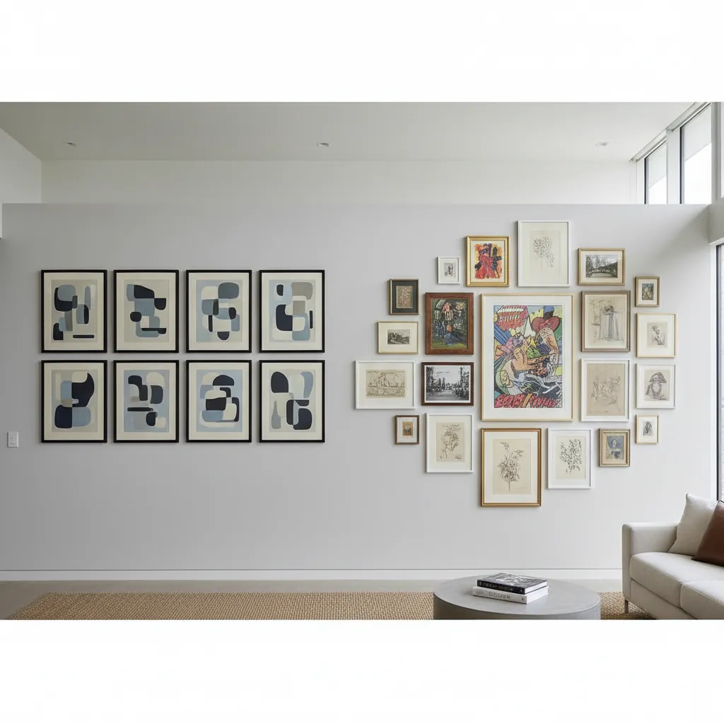 Modern living room wall with uniform abstract art grid and a diverse gallery wall layout