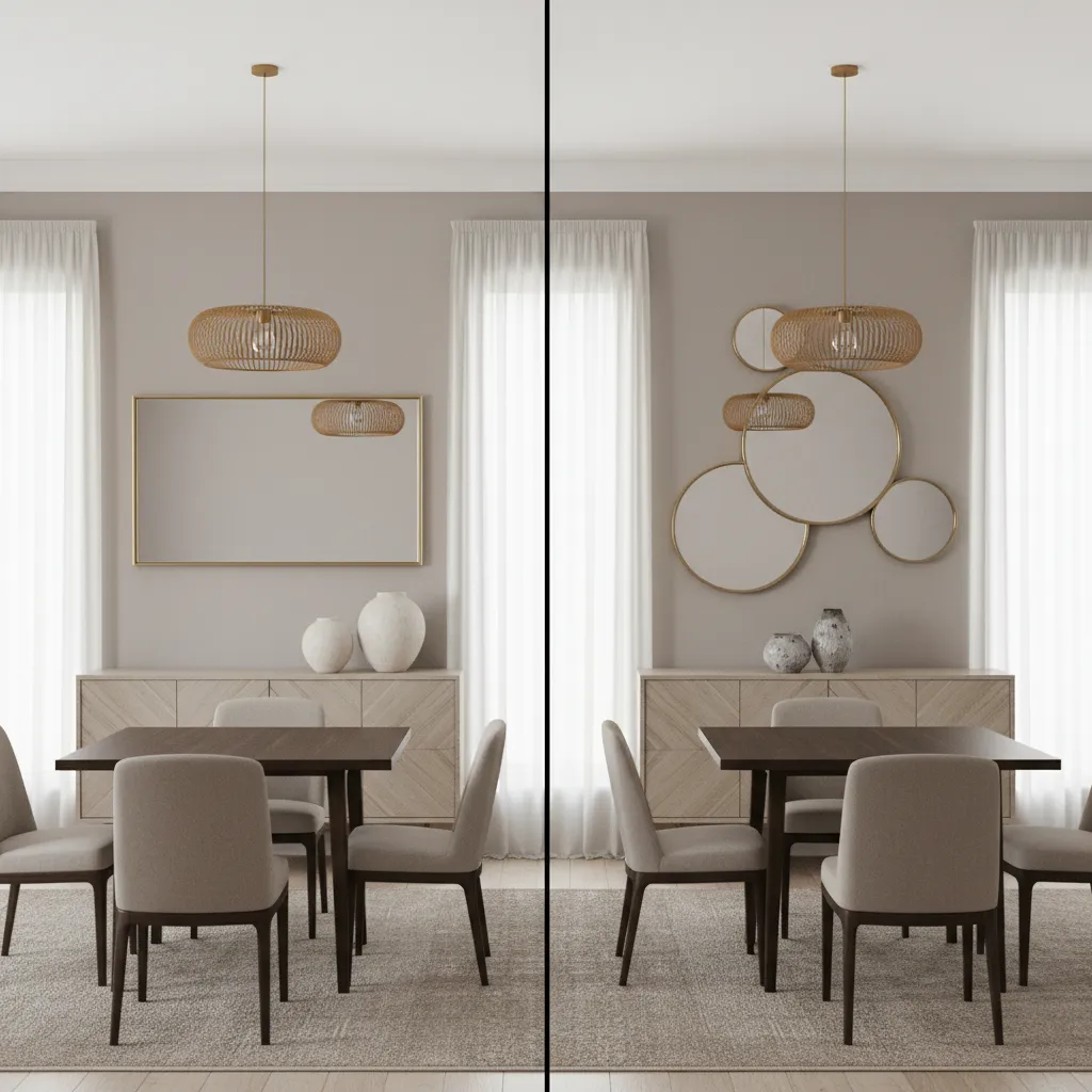Comparison of single large mirror and multiple small mirrors above dining furniture