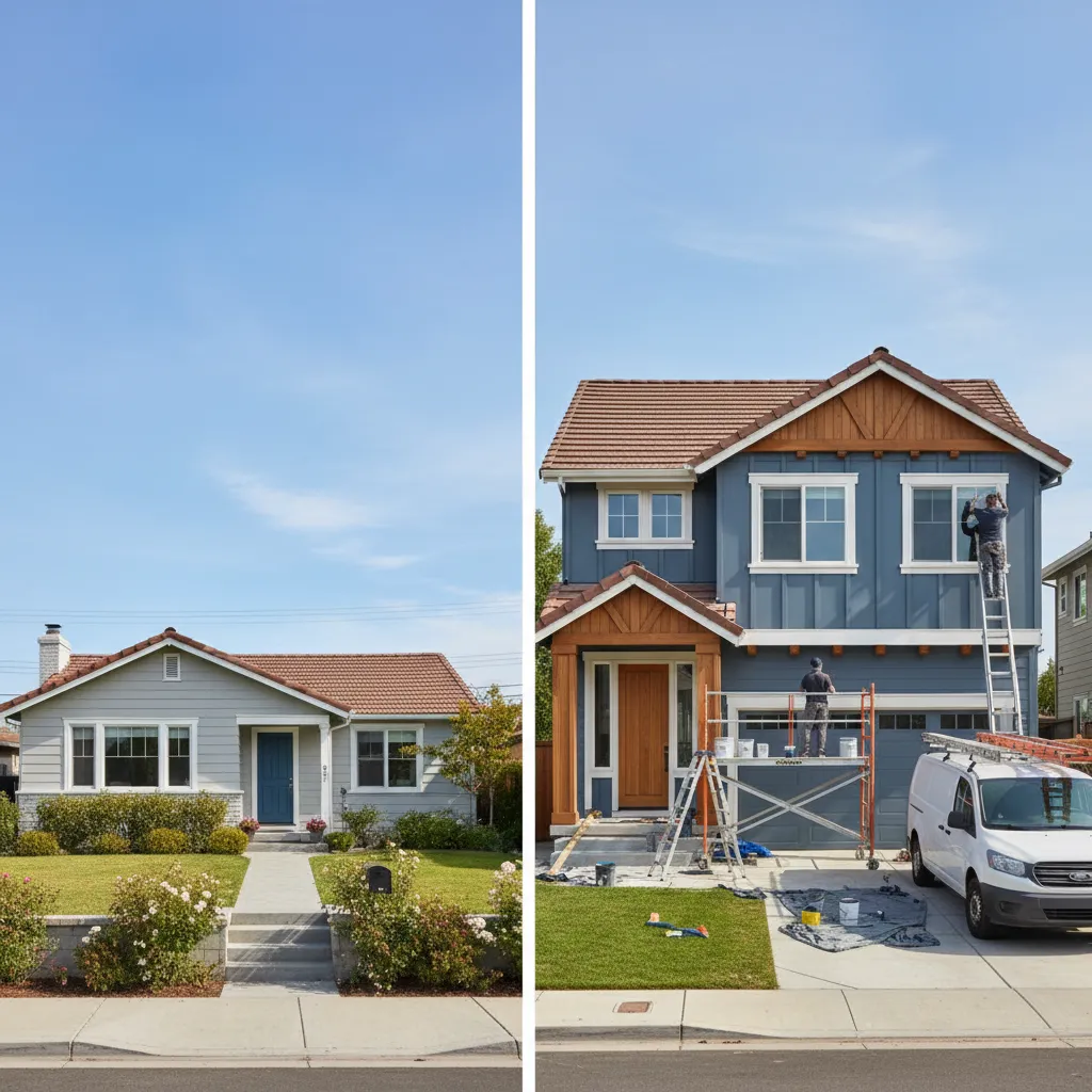Single story house next to two story house illustrating painting difficulty
