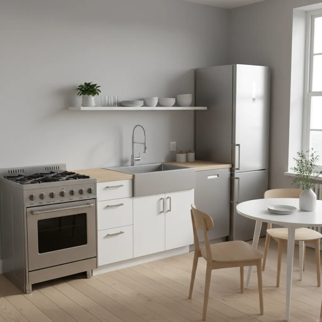 Single wall kitchen featuring white cabinets stove grey fridge and small round dining table set