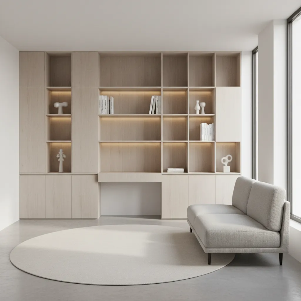 small apartment with single wall functional storage system and open living area