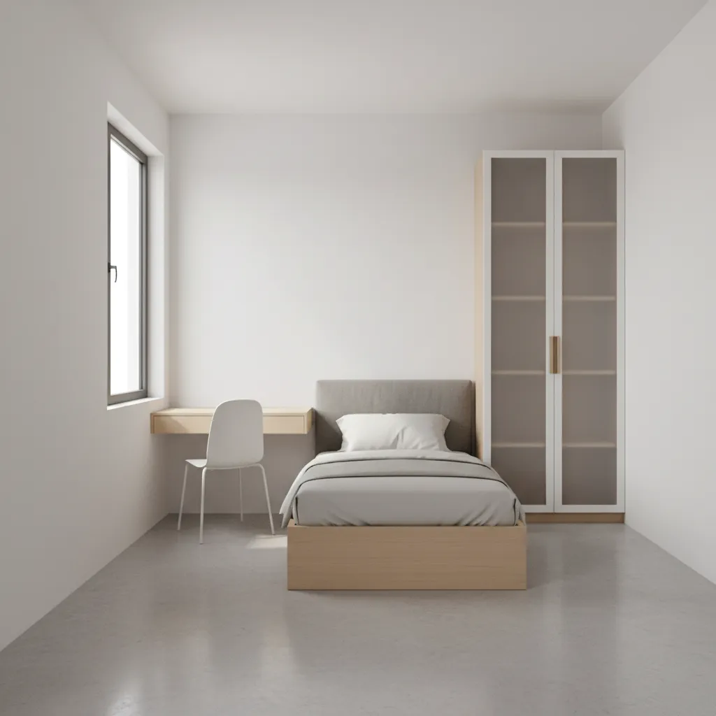 single wall layout for an 80 sq ft bedroom with bed desk and storage aligned