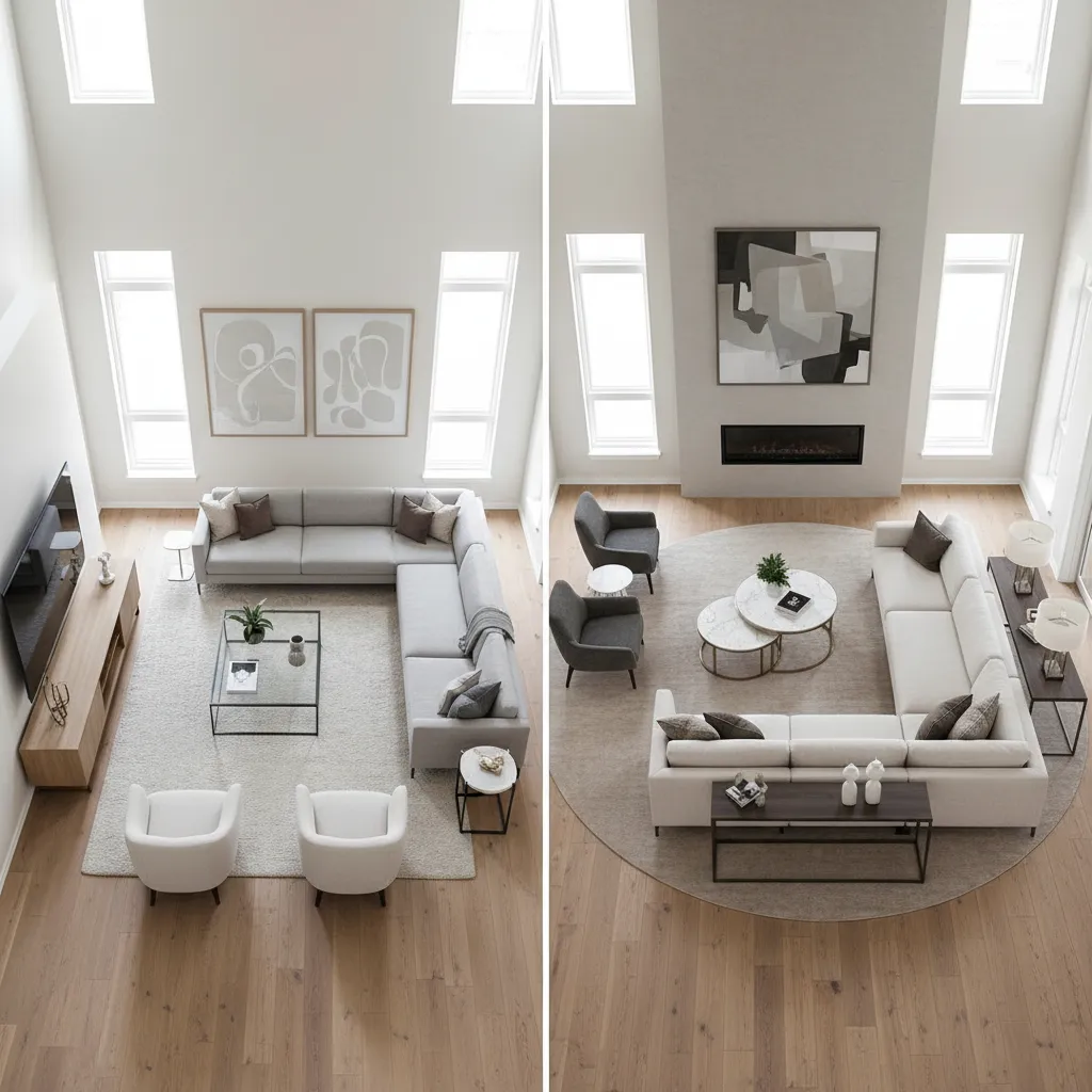 comparison of single wall and centered living room furniture layouts